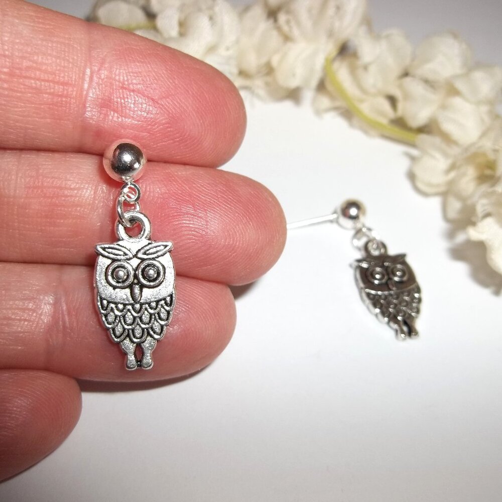 Small Silver Owl Earring Post Stud Unisex Style Gift Idea Jewelry Set C788
